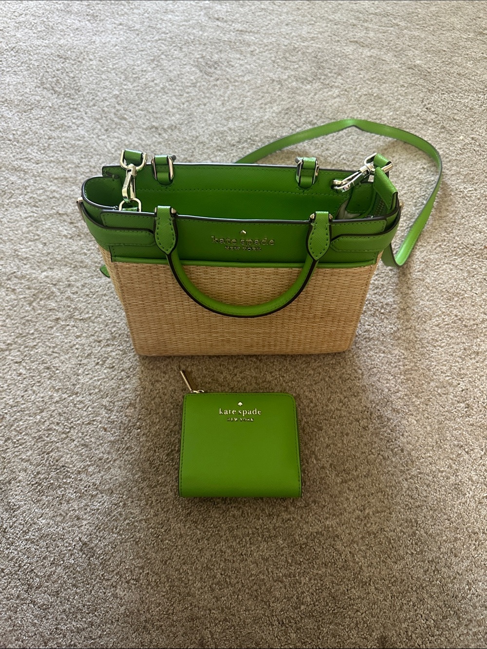 kate spade Green Straw satchel with Matching Green Wallet